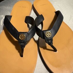 Tory Burch Black Leather Thong Sandals with Gold Logo